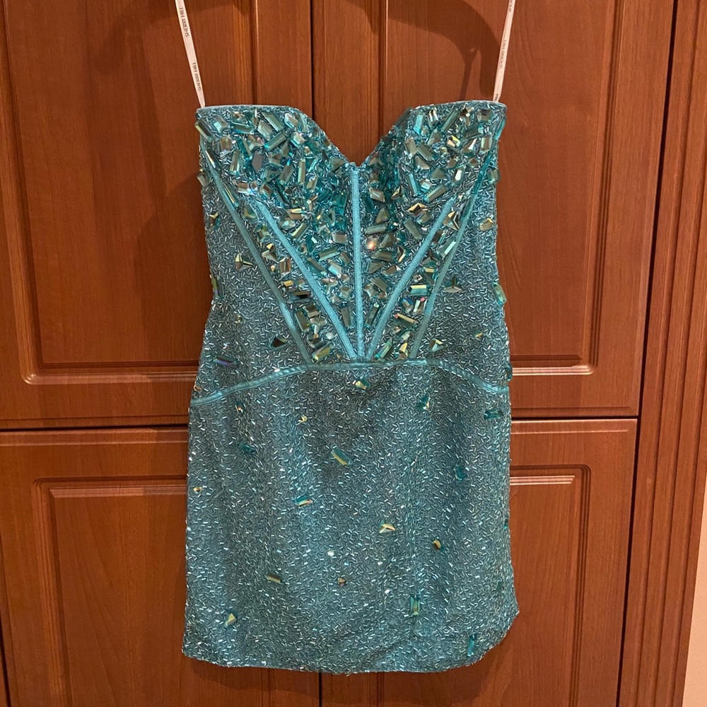 Sherri Hill Turquoise Over the Knee Beaded Dress